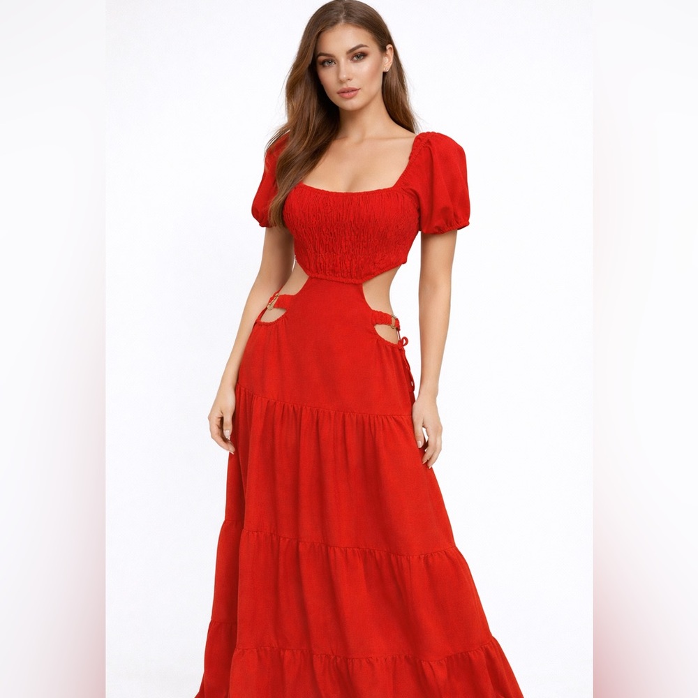 Pimpnella Red Women's Dress sexy cutouts , ruched top and ruffled maxi
